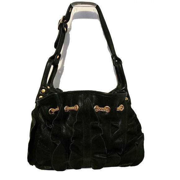 WOMEN'S Be & D HOBO SHOULDER BAG BLACK LEATHER WITH RUFFLES AND CHAIN MADE USA - Picture 2 of 9